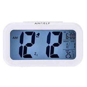 Anself LED Digital Alarma despertador Reloj Repeticion activada por luz Snooze Sensor de luz Tiempo Fecha Temperatura (Blanco puro)